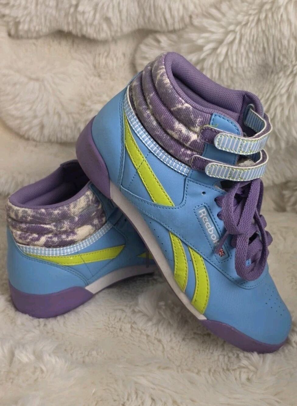 Reebok Freestyle Hi Classic Blue Bomb Neon Kids Girls Sneakers Size 5 Retro 80s